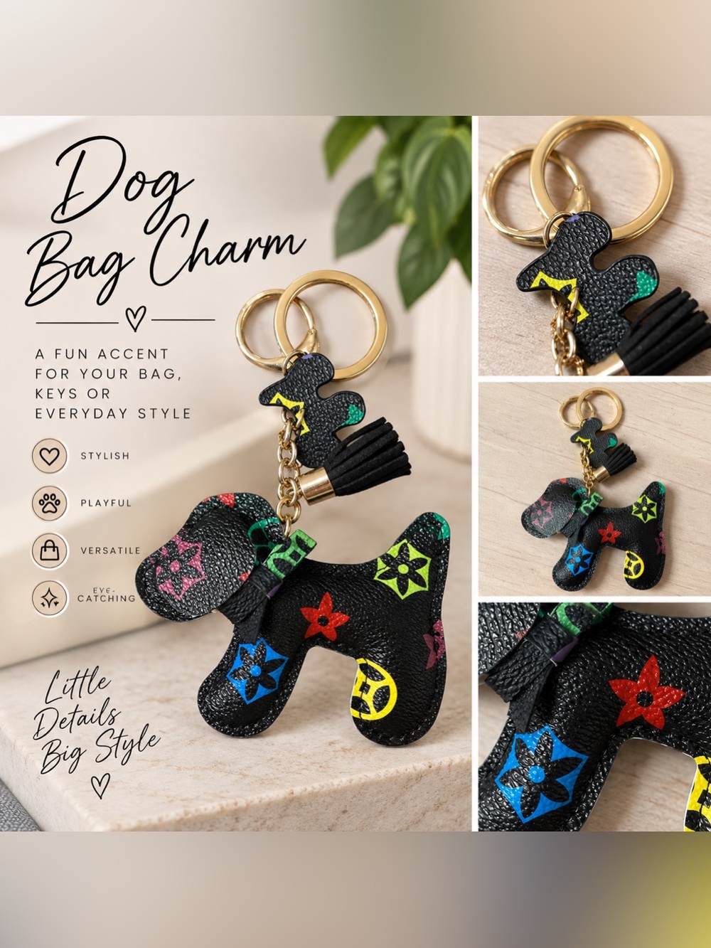 Black Multicolor Dog Bag Charm Keychain Tassel Gold Tone